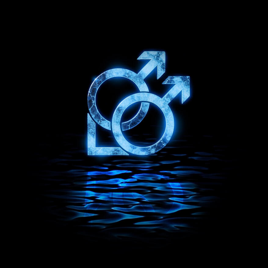 HOMOAFETIVO Uma ilustração digital com fundo preto mostrando dois símbolos de Marte (gênero masculino) interligados e brilhando em um tom azul-neon, com uma textura interna que remete à superfície cheia de crateras e nuances da Lua. Os símbolos estão posicionados logo